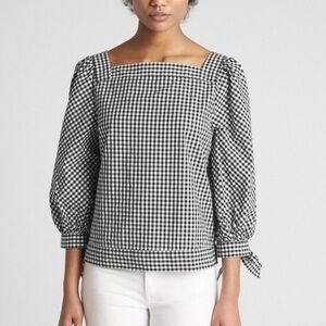 Gap blouse top Women Medium plaid black white tie long sleeve summer cropped